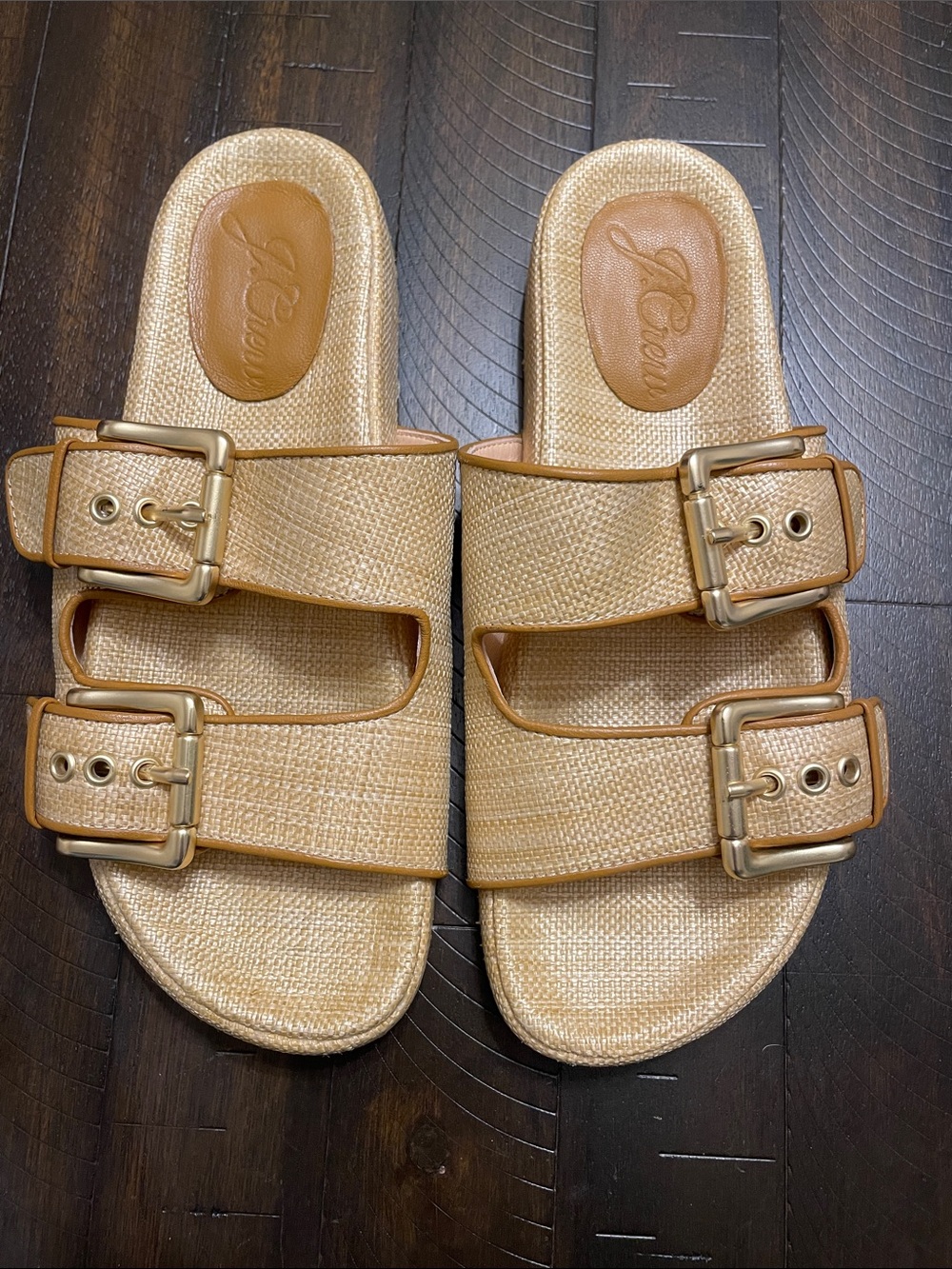 J.Crew Raffia Double Buckle Slide Sandals Gold Tan Size 7
